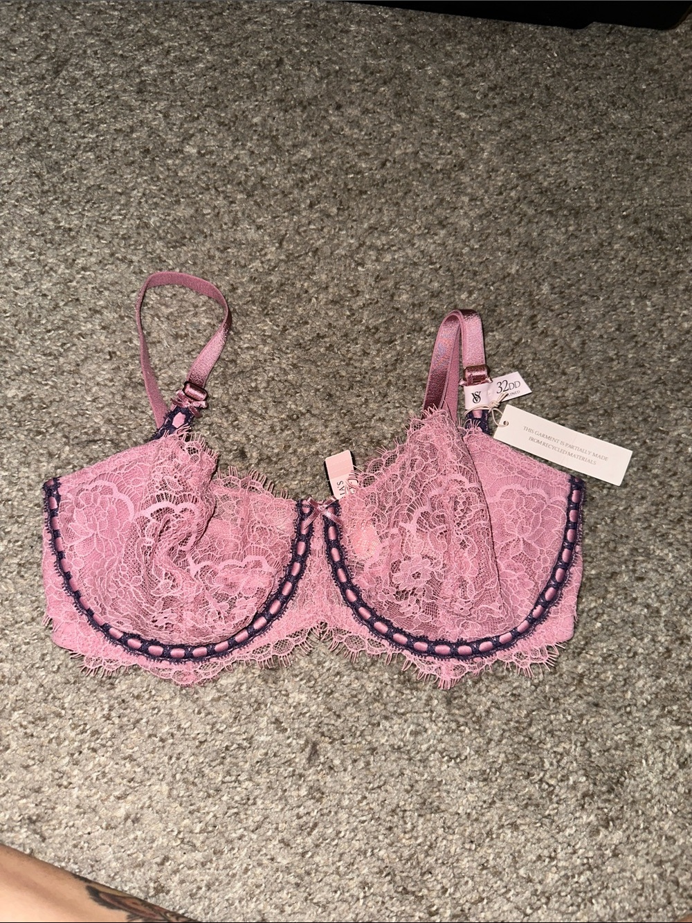 Lace Underwire Bra in Pink with Purple Trim
